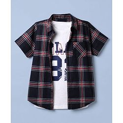 Pine Kids 100% Cotton Woven Half Sleeves Checked Shirt and T-Shirt with Play 82 Print - Navy Blue