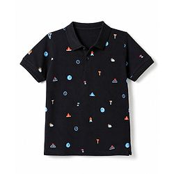 Pine Kids Cotton Knit Half Sleeves Polo T-Shirt With Camping Print - Black