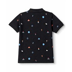 Pine Kids Cotton Knit Half Sleeves Polo T-Shirt With Camping Print - Black