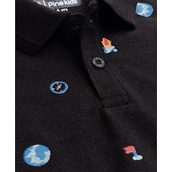 Pine Kids Cotton Knit Half Sleeves Polo T-Shirt With Camping Print - Black