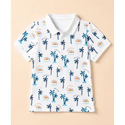 Pine Kids Cotton Knit Half Sleeves Polo T-Shirt With Beach Theme Print - White