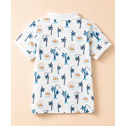Pine Kids Cotton Knit Half Sleeves Polo T-Shirt With Beach Theme Print - White