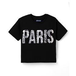 Pine Kids Cotton Knit T-Shirt with Half Sleeves and Paris Sequins - Black