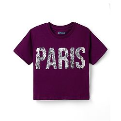 Pine Kids Cotton Knit T-Shirt with Half Sleeves and Paris Sequins - Purple