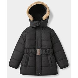 Pine Kids Woven Full Sleeves SolidHooded Padded Quilted Winter Jacket - Black