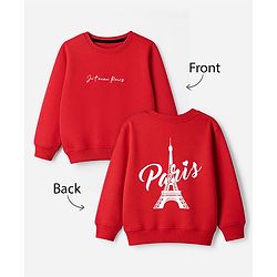 Pine Kids Cotton Mix Knit Sweatshirt with Full Sleeves and Eiffel Tower Print in Red