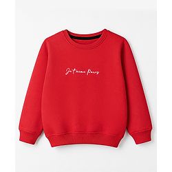 Pine Kids Cotton Mix Knit Sweatshirt with Full Sleeves and Eiffel Tower Print in Red