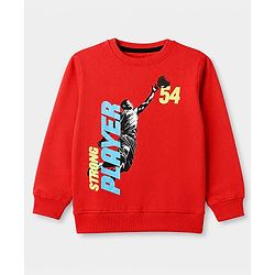 Pine Kids Cotton Mix Knit Sweatshirt with Full Sleeves and Basketball Player Print in Red
