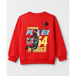Pine Kids Cotton Mix Knit Sweatshirt with Full Sleeves and Basketball Player Print in Red