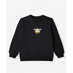 Pine Kids Cotton Mix Knit Sweatshirt with Full Sleeves and Space Shuttle Print in Black