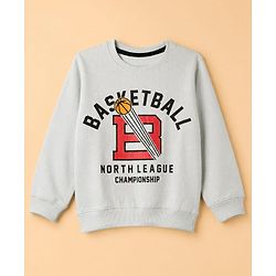 Pine Kids Knit Full Sleeves Sweatshirt With Basketball Text Print - Grey