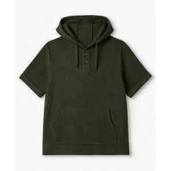 Pine Kids Waffle Knit Half Sleeves Solid Hooded T-Shirt with Kangaroo Pockets - Dark Green