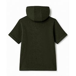Pine Kids Waffle Knit Half Sleeves Solid Hooded T-Shirt with Kangaroo Pockets - Dark Green