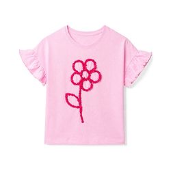 Pine Kids 100% Cotton Knit Half sleeves T-shirt with Frill Sleeves and Flower Applique - Pink