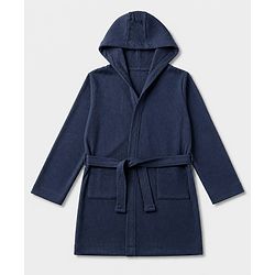 Pine Kids 100% Cotton Knit Full Sleeves Hooded Solid Bath Robe - Navy Blue