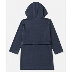 Pine Kids 100% Cotton Knit Full Sleeves Hooded Solid Bath Robe - Navy Blue