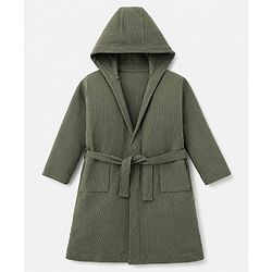 Pine Kids 100% Cotton Knit Full Sleeves Hooded Solid Bath Robe - Olive Green