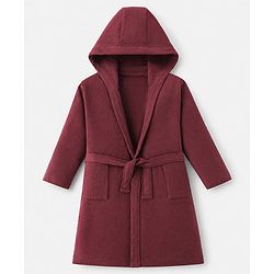 Pine Kids 100% Cotton Knit Full Sleeves Hooded Solid Bath Robe - Maroon