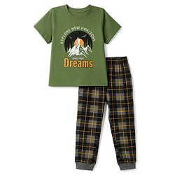 Pine Kids Cotton Knit Half Sleeves Co-Ords T-Shirt & Pyjama Night Suit with Typography & Mountain Print - Green