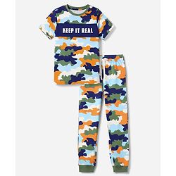 Pine Kids Cotton Knit Half Sleeves T-Shirt & Pyjama Night Suit with Military Print - Sky Blue