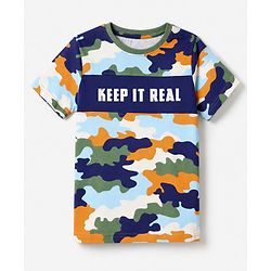 Pine Kids Cotton Knit Half Sleeves T-Shirt & Pyjama Night Suit with Military Print - Sky Blue