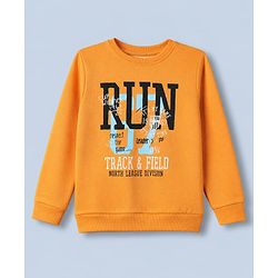 Pine Kids Knit Full Sleeves Apricot Sweatshirt With Run Text Print - Orange