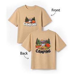 Pine Kids 100% Cotton Knit Half Sleeves T-Shirt Camping Landscape Print - Beige