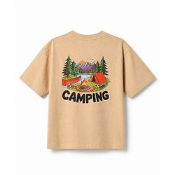 Pine Kids 100% Cotton Knit Half Sleeves T-Shirt Camping Landscape Print - Beige