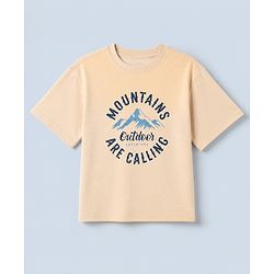 Pine Kids 100% Cotton Knit T-Shirt with Half Sleeves and Mountains Print in Offwhite