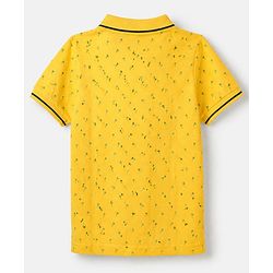 Pine Kids Cotton Knit Polo T-Shirt with Half Sleeves and Tropical Print - Yellow
