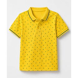 Pine Kids Cotton Knit Polo T-Shirt with Half Sleeves and Tropical Print - Yellow