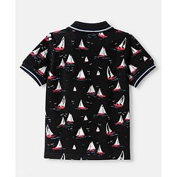 Pine Kids Cotton Knit Polo T-Shirt with Half Sleeves and Sailboat Print in Black