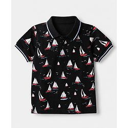 Pine Kids Cotton Knit Polo T-Shirt with Half Sleeves and Sailboat Print in Black