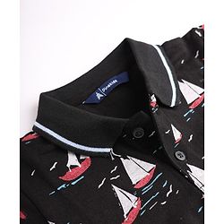 Pine Kids Cotton Knit Polo T-Shirt with Half Sleeves and Sailboat Print in Black