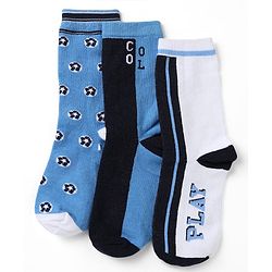 Pine Kids Cotton Mix Knit Calf Length Socks with Play & Cool Text Pack of 3 In Blue