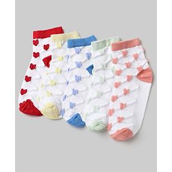 Pine Kids Cotton Knit Ankle Length Socks With Heart Design Pack of 5 - Orange, Red, Blue, Yellow & Green