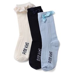 Pine Kids Cotton Mix Below Mid-Calf Length Socks with Pine Kids Text & Lace Detailing in Blue & Black Pack of 3
