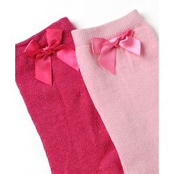 Pine Kids Cotton Knit Mid Calf Length Socks With Bow Applique Pack of 2 - Light Pink & Red