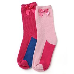 Pine Kids Cotton Knit Mid Calf Length Socks With Bow Applique Pack of 2 - Light Pink & Red