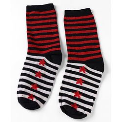 Pine Kids Cotton Knit Ankle Length Striped Socks With Star Print Set Of 5 - Black, Red & Grey