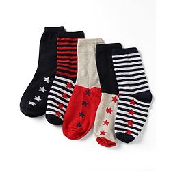 Pine Kids Cotton Knit Ankle Length Striped Socks With Star Print Set Of 5 - Black, Red & Grey