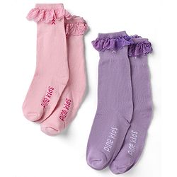 Pine Kids Cotton Nylon Spandex Mid-Calf Length Socks with Frill Detail & Pine Kids Text Pack of 2 - Purple Peach