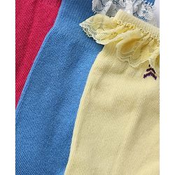 Pine Kids Cotton Nylon Spandex Mid-Calf Length Socks with Frill Detail & Pine Kids Text Pack of 3 - Red Blue Yelllow