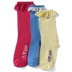 Pine Kids Cotton Nylon Spandex Mid-Calf Length Socks with Frill Detail & Pine Kids Text Pack of 3 - Red Blue Yelllow