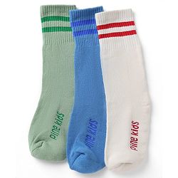 Pine Kids Cotton Nylon Spandex Mid-Calf Length Socks with Stripes & Pine Kids Text Pack of 3 - Green Blue Light Grey