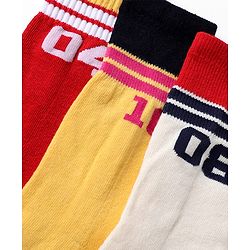 Pine Kids Cotton Nylon Spandex Mid-Calf Length Socks with Stripes & Pine Kids Text Pack of 3 - Yellow Red White