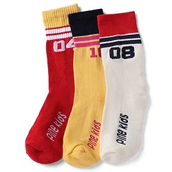 Pine Kids Cotton Nylon Spandex Mid-Calf Length Socks with Stripes & Pine Kids Text Pack of 3 - Yellow Red White