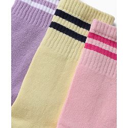 Pine Kids Cotton Nylon Spandex Mid-Calf Length Socks with Stripes & Pine Kids Text Pack of 3 - Purple Yellow Pink