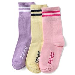 Pine Kids Cotton Nylon Spandex Mid-Calf Length Socks with Stripes & Pine Kids Text Pack of 3 - Purple Yellow Pink