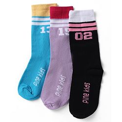 Pine Kids Cotton Nylon Spandex Mid-Calf Length Socks with Stripes & Pine Kids Text Design Pack of 3 - Blue Purple Black
